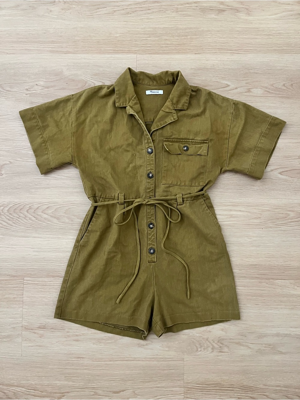 Madewell Olive Green Short Sleeve Utility Romper with Tie Waist